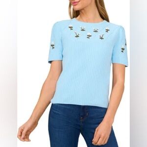 NWT CeCe XL Cotton Embroidered Blue Floral Short Sleeve Rib Sweater